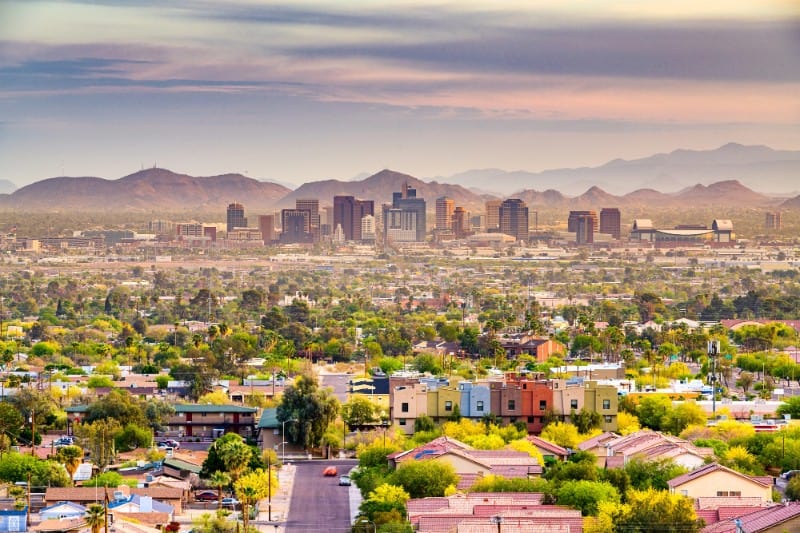 City skyline with residential and commercial buildings in Phoenix, Arizona.