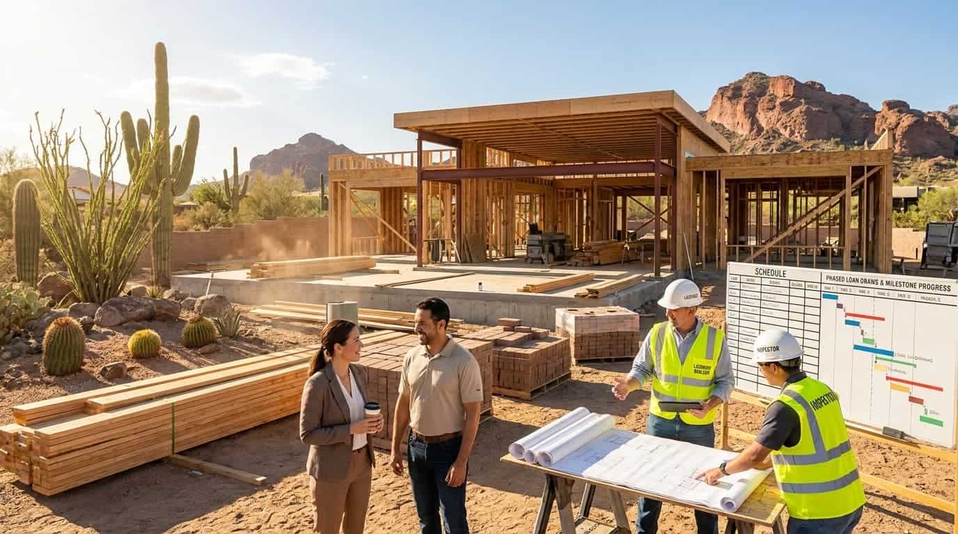 Custom home construction site with workers and architects planning.