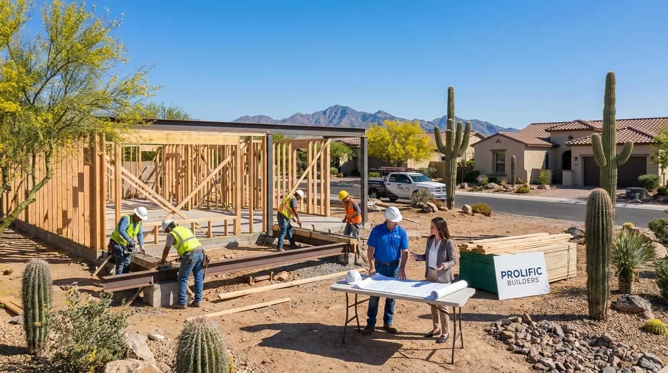 Construction workers building a custom home frame in a desert landscape.