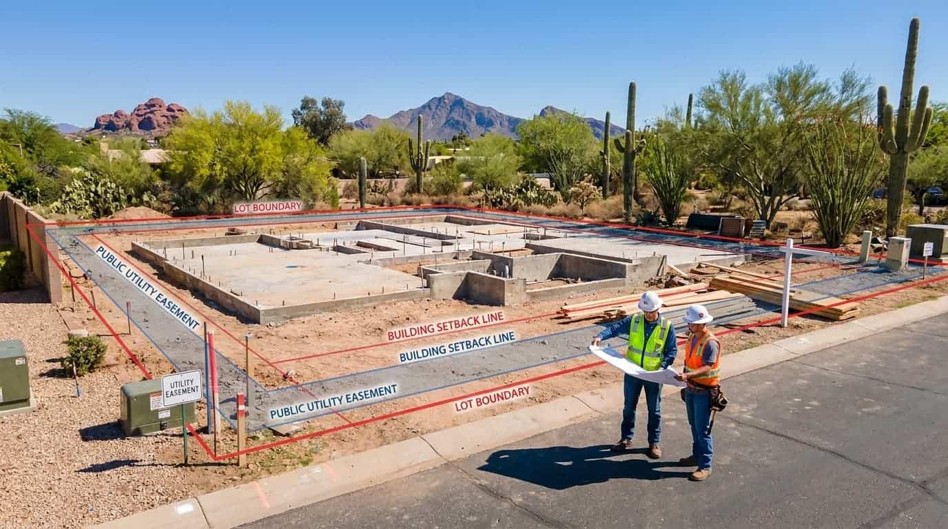 Custom home building site with two builders reviewing plans in a desert landscape.