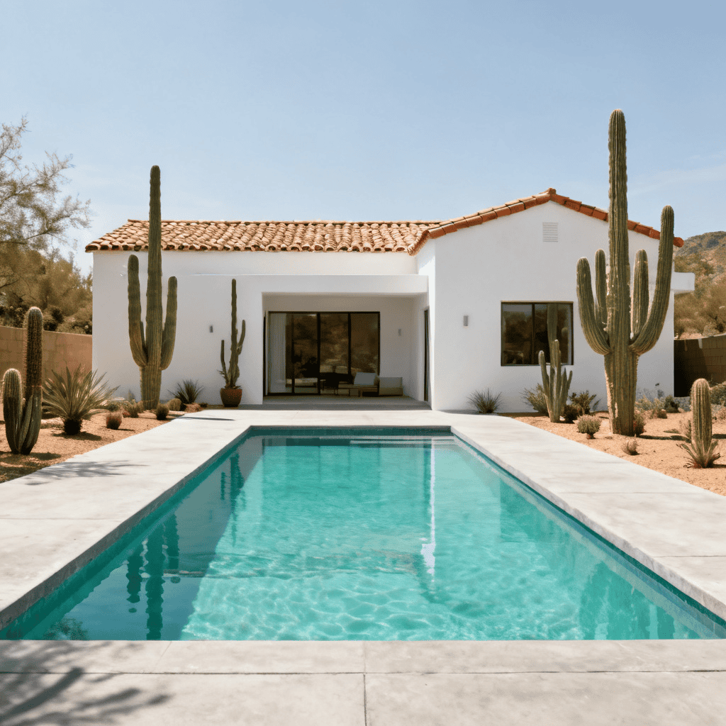 Contemporary desert home with pool, cacti, and white exterior.