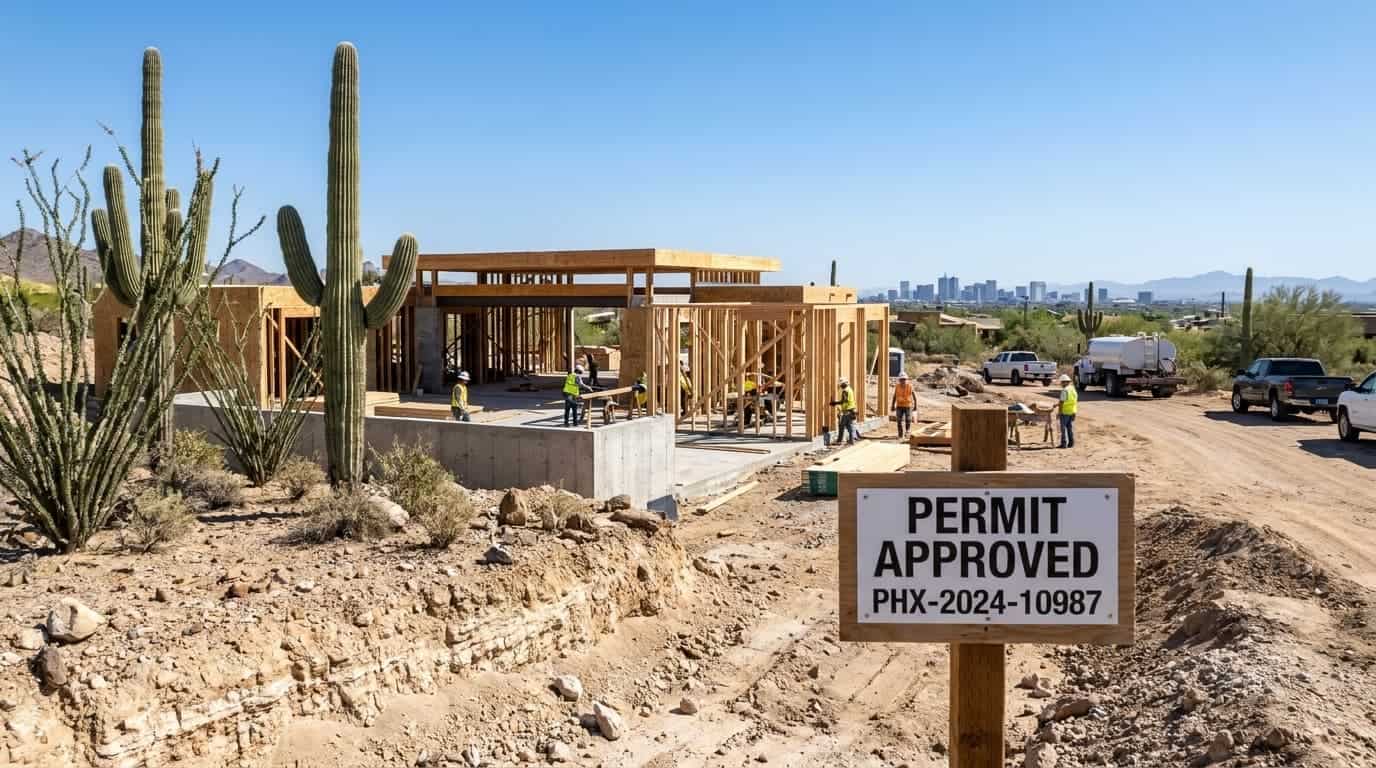 New custom home under construction in a desert landscape with cacti.