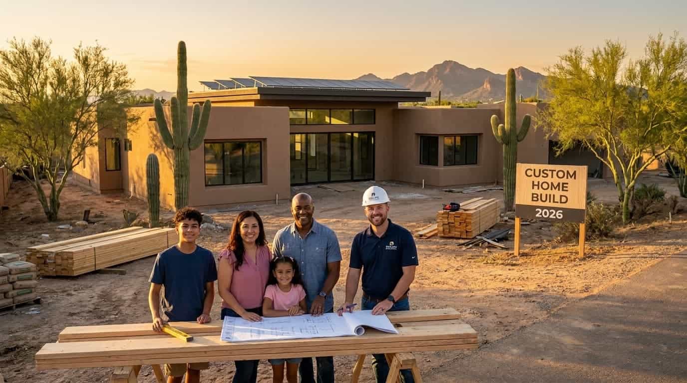 Prolific Custom Home Builders team with family at construction site in desert setting.
