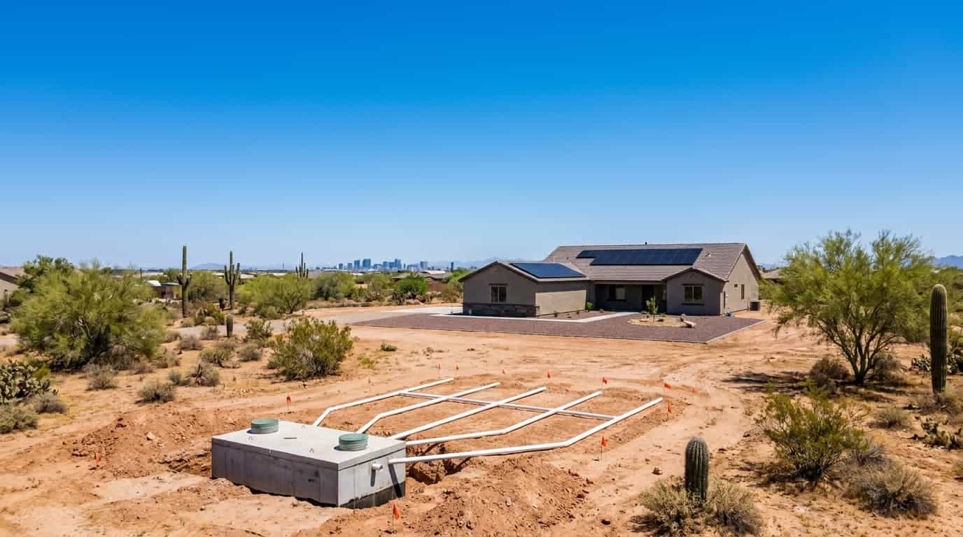 New custom home under construction in desert with solar panels and surrounding cacti.