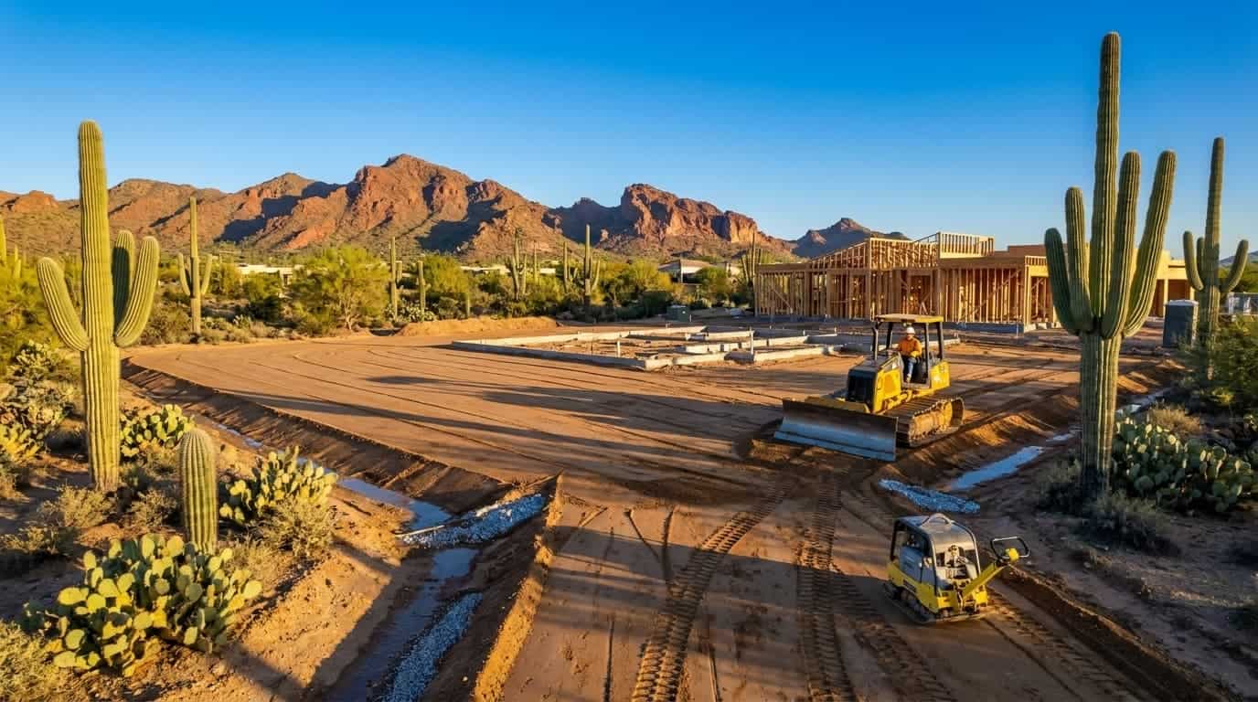 Custom home construction site with desert landscape and mountains in background.