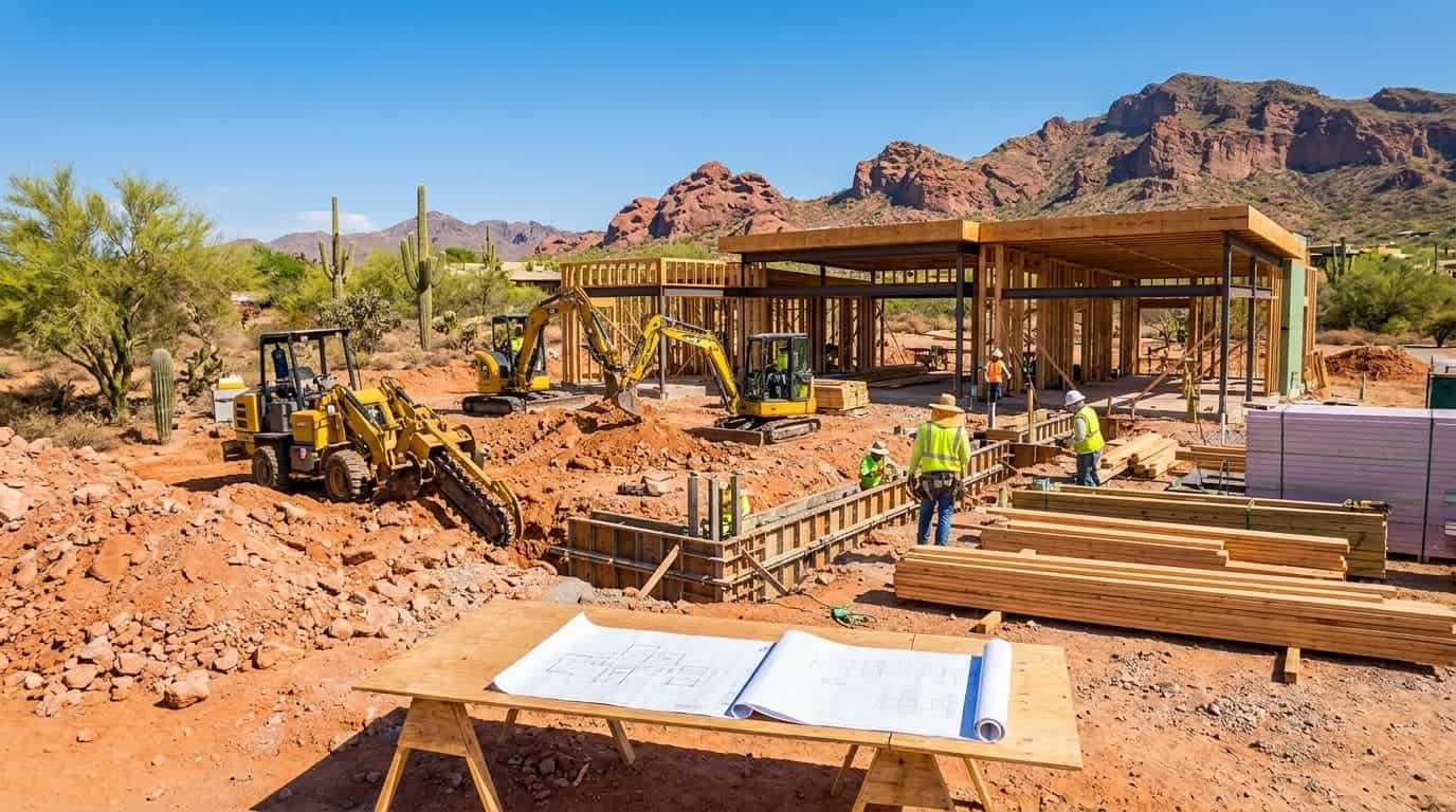 Construction site with heavy machinery and workers in Arizona desert.